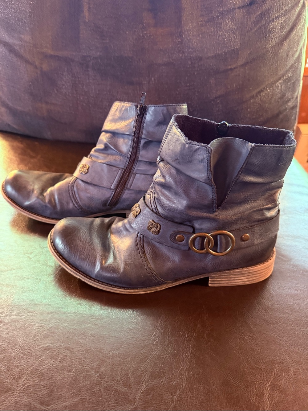 Rieker EU 41 Navy Leather Moto Ankle Boots with Buckle Accents - Lightly Worn